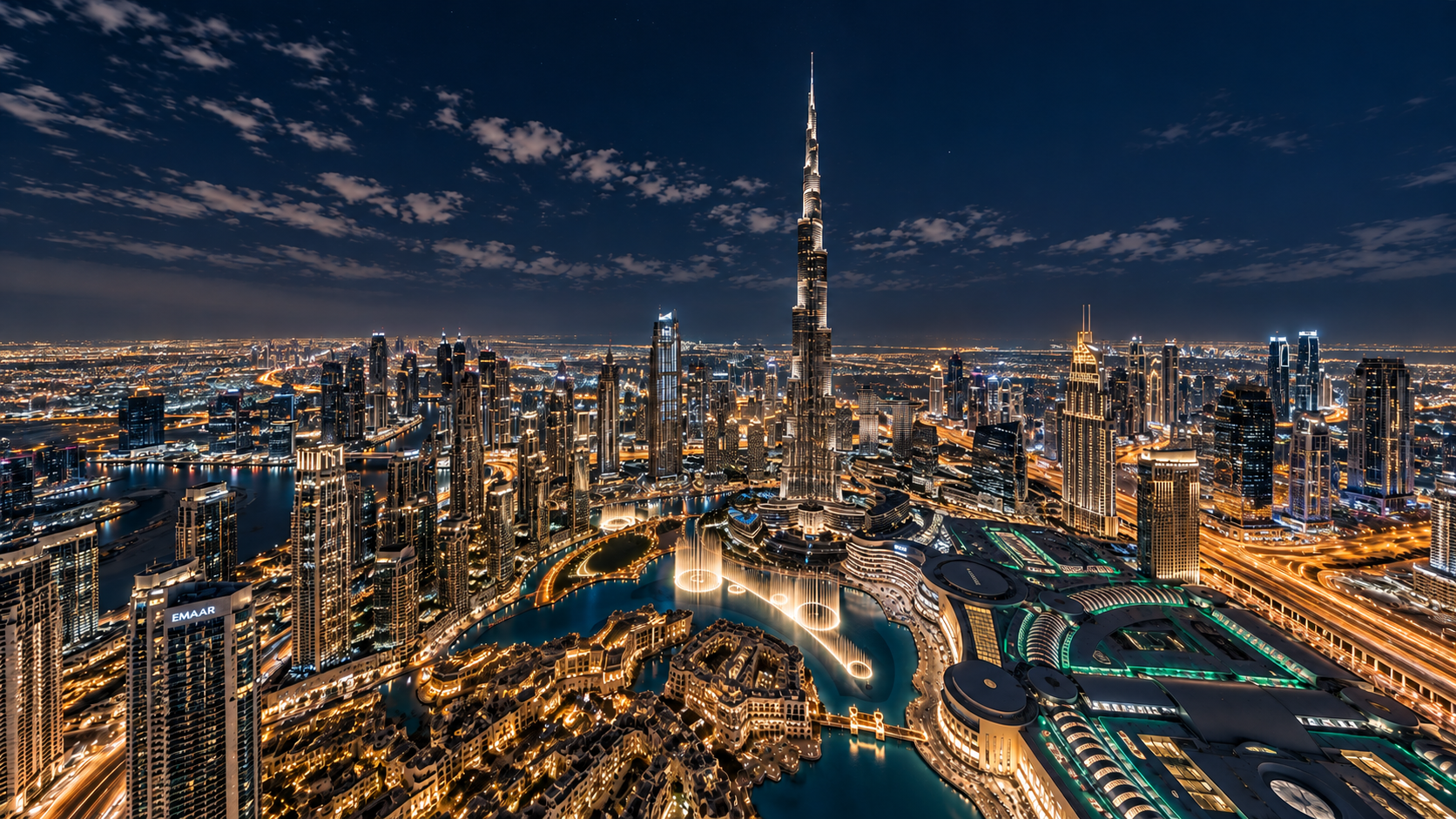 Dubai skyline at night with Burj Khalifa